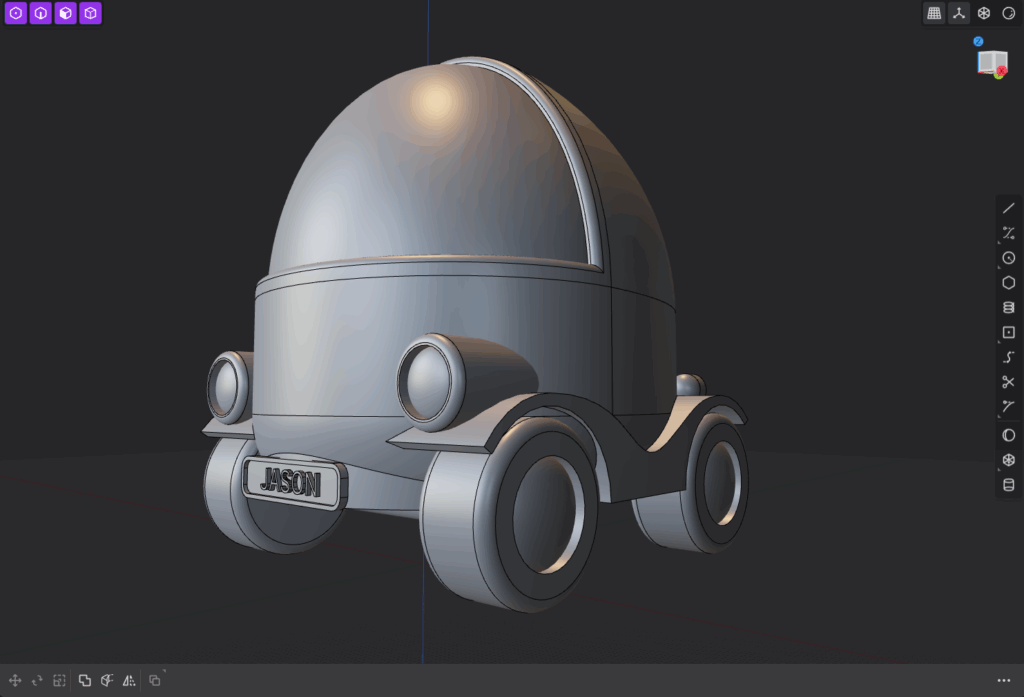 This is a screenshot of a 3D model of a cute little toy car, which is part of a series of little cruisers for kids, created in modelling software. Here, the front of the car is shown at an angle.
