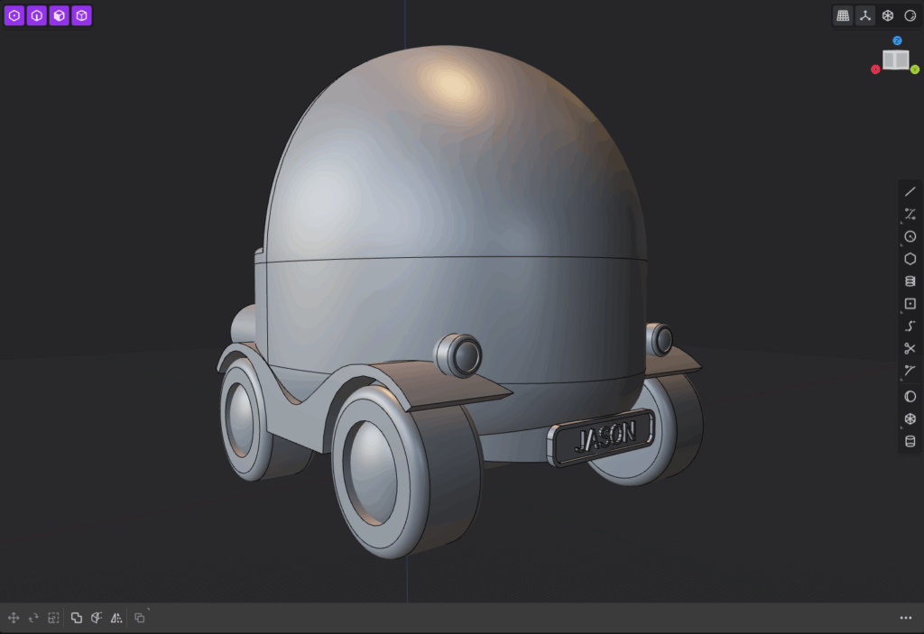 This is a screenshot of a 3D model of a cute little toy car, which is part of a series of little cruisers for kids, created in modelling software. Here, the back of the car is shown at an angle.