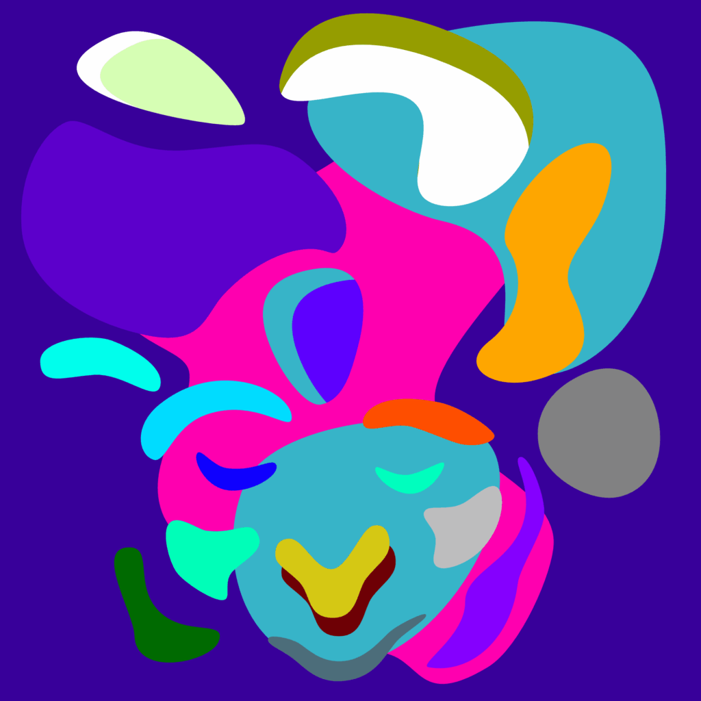 Deconstructed abstract selfportrait in bold colors and soft blobby shapes. The colors are vibrating yellow, purple, magenta, orange, blue and green with a side of grey.