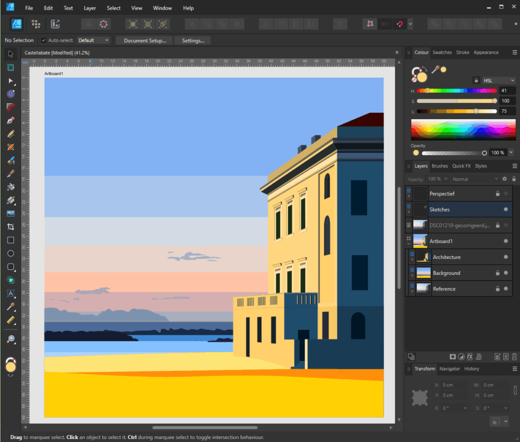 A sketch of a colourful digital artwork in progress in its imaging software. The scene depicts a vibrant Mediterranean building on the beach in Castellabate, Italy. It features bold geometric shapes and a warm sunset sky, with the building's orange and blue tones contrasting with the golden sand and tranquil sea in the background.